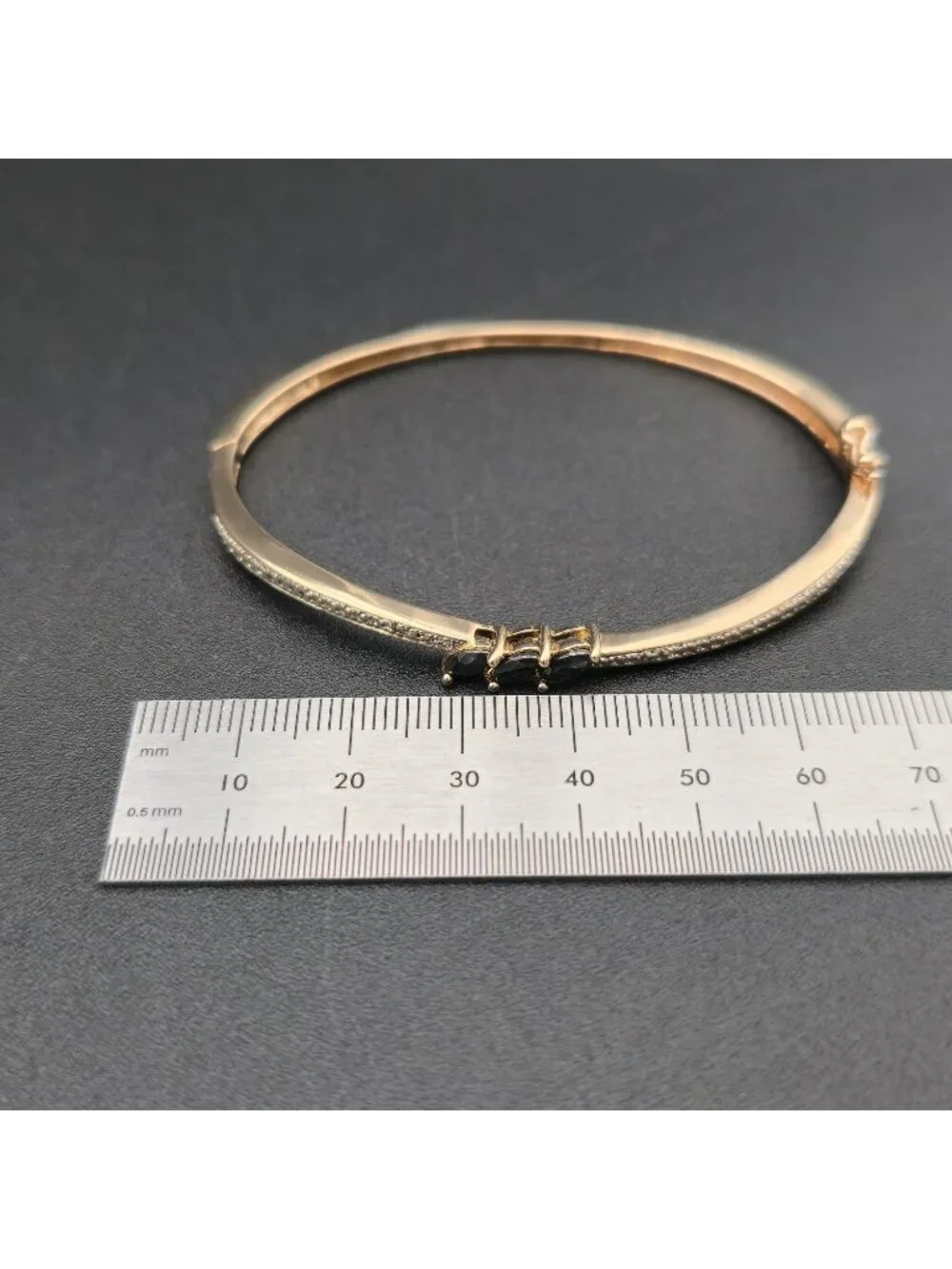 6.5 Inch Gold Over Sterling Silver Black Sapphire Hinged Bangle Bracelet B1457